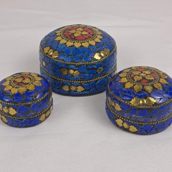 Nesting Trinket Boxes (3) Blue & Red Flat Stone with Gold Accents Handmade NWOT - Picture 2 of 11